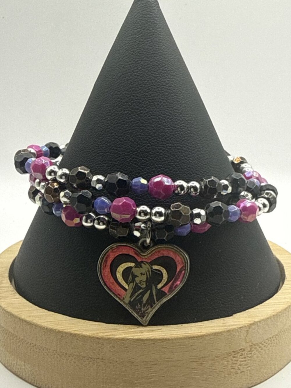 Y2K Disney Hannah Montana Beaded Heart Charm Bracelet Purple Black McBling